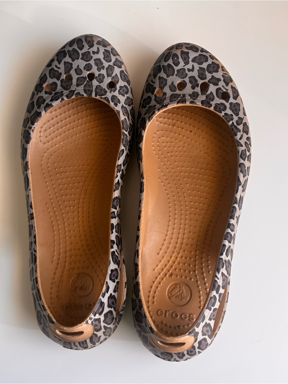 CROCS Women's Leopard Print Slip-On Ballet Flats with Tan Insole